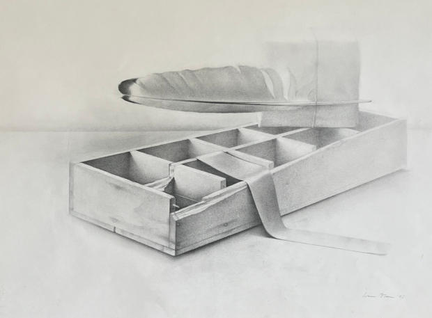 Wim Blom-Segmented box with feather 1987     16.5 x 12 inch.  $1850   inquire info@wimblom.ca  