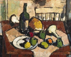 Wim Blom - Still life with fruit and wine table oil on board 1957- 60 x 75.5