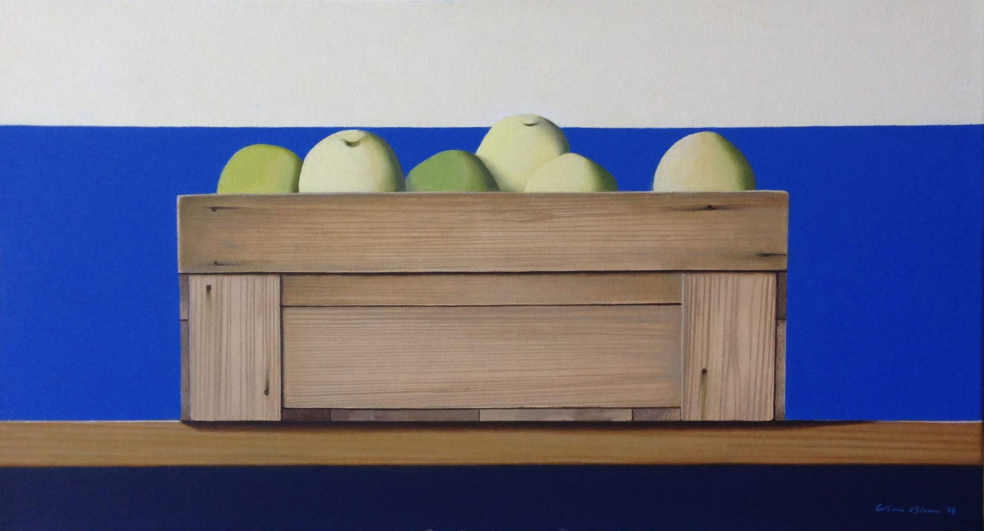 Wim Blom-Box with apples 2018 oil on canvas 30 x 56 cm