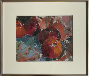Wim Blom-Fruit on table 1945 oil on board -Wim at 18 years old 9”x7.5” frame13.5”x11-$1095