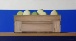 Wim Blom - Box with apples 2018 oil on canvas 12” x 22”